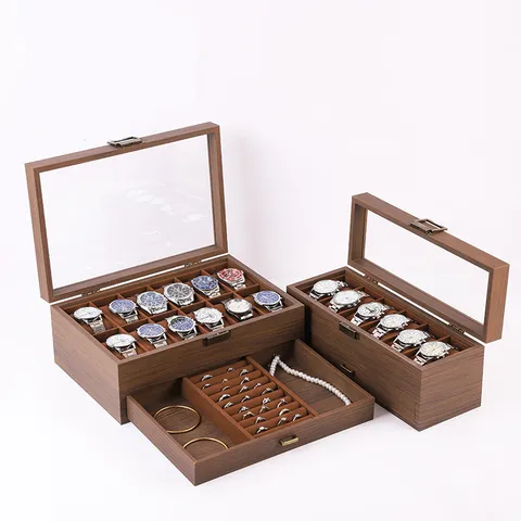 Caja de Relojes de Madera Organizador de Joyas Vitrina Estuche de Almacenamiento Ventana de Vidrio Transparente Doble Capa Soporte Bloqueable para Hombres Mujeres