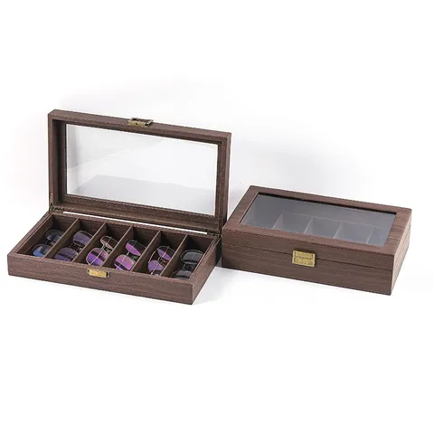 Caja de Almacenamiento de Gafas de Cuero Veta de Madera Organizador Con Tapa Transparente Vitrina de Gafas Soporte para Gafas de Sol