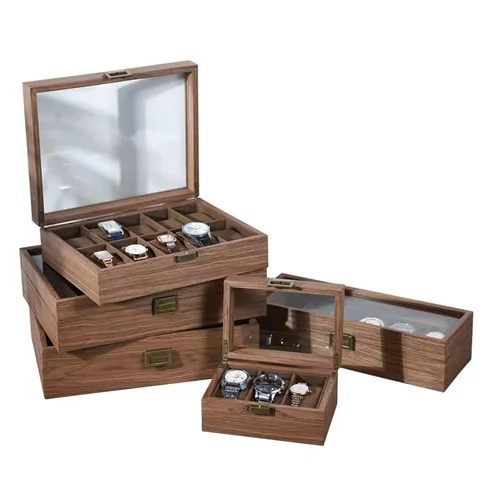 Caja de Almacenamiento de Relojes de Veta de Madera de Nogal Retro Con Tapa de Vidrio Transparente y Cerradura Metálica Joyero