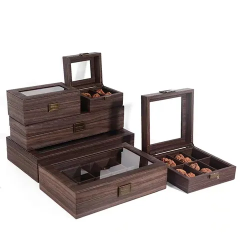 Caja de Almacenamiento de Cuero Nogal A Prueba de Polvo Con Tapa de Vidrio Transparente Organizador de Múltiples Rejillas para Artículos Varios y Coleccionables