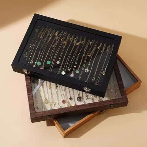 Caja de Almacenamiento de Collar de Cuero y Franela Tapa de Vidrio Organizador de Exhibición de Joyas con Ganchos Múltiples
