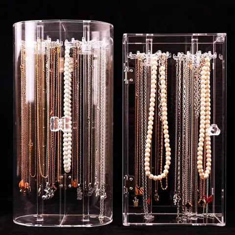 Caja de Almacenamiento de Collares de Acrílico Transparente A Prueba de Polvo Soporte de Exhibición de Joyas Giratorio Organizador de Escritorio Para Mujeres Niñas