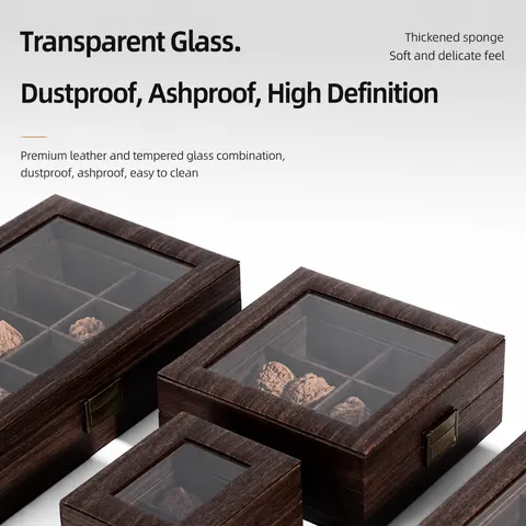 Caja de Almacenamiento de Cuero Nogal A Prueba de Polvo Con Tapa de Vidrio Transparente Organizador de Múltiples Rejillas para Artículos Varios y Coleccionables