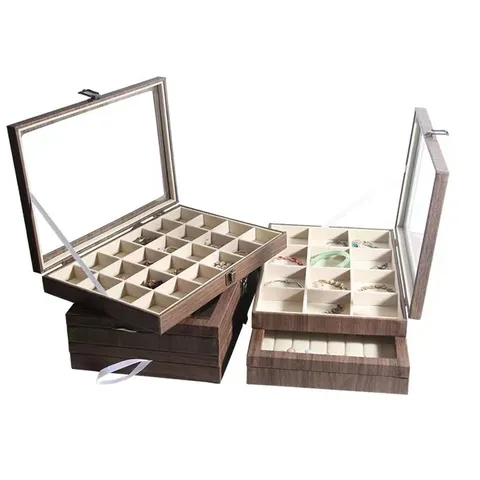 Joyero de Cuero PU con Veta de Madera Vintage Estuche de Almacenamiento de Gran Capacidad con Tapa de Vidrio Transparente y Cerradura para Anillo Collar