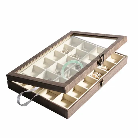 Joyero de Cuero PU con Veta de Madera Vintage Estuche de Almacenamiento de Gran Capacidad con Tapa de Vidrio Transparente y Cerradura para Anillo Collar
