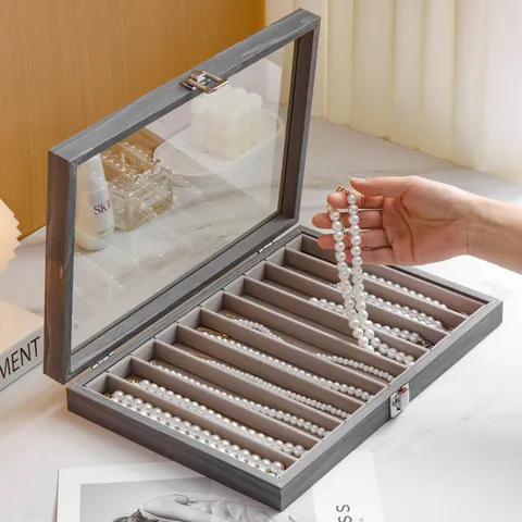 Joyero Moderno Minimalista de Madera con Tapa de Vidrio Organizador de Collares Gris Vitrina de Escritorio Con Múltiples Ranuras