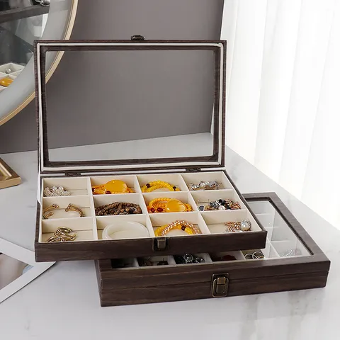 Gran Capacidad Joyero Cuero Veta de Madera Anillo 30 Rejillas Organizador de Almacenamiento Con Tapa de Vidrio y Cierre Metálico Retro