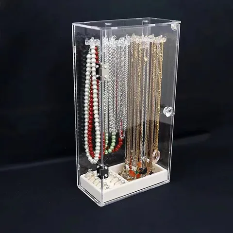 Klares Acryl Halskette Display Ständer Staubdicht Schmuck Aufbewahrungsbox Mit Ring Schale Organizer Für Desktop Zuhause