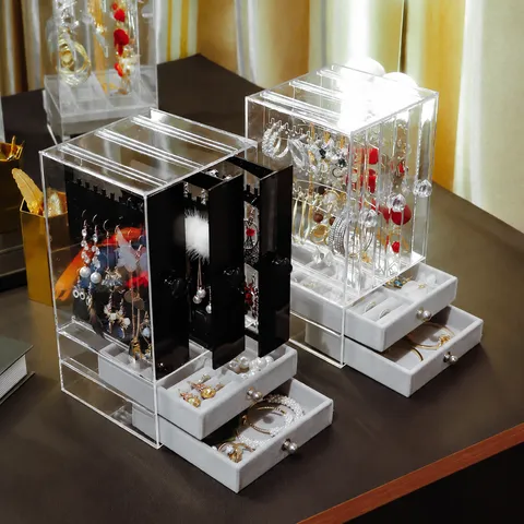 Caja de Almacenamiento de Joyas de Plástico Transparente Multicapa A Prueba de Polvo Organizador de Pendientes Con Cajones Para Accesorios de Escritorio Para El Hogar
