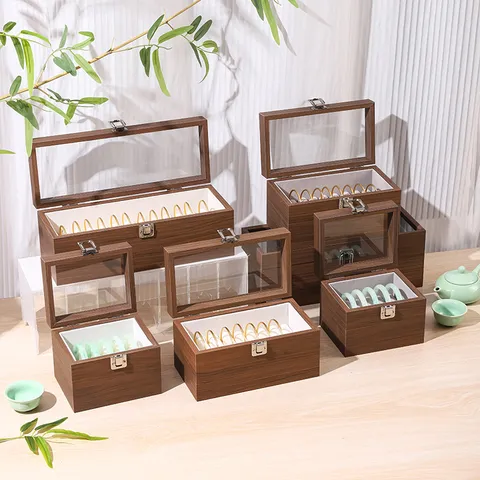 Caja de Almacenamiento de Pulseras de Grano de Nogal Multi Ranura Vitrina de Joyería Tapa Transparente Organizador para Pulsera Joyas de Jade