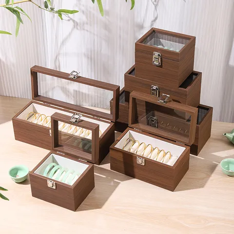 Caja de Almacenamiento de Pulseras de Grano de Nogal Multi Ranura Vitrina de Joyería Tapa Transparente Organizador para Pulsera Joyas de Jade