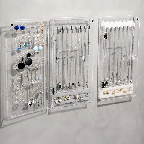 Organizador de Joyas Montado en Pared Acrílico Transparente Caja de Almacenamiento a Prueba de Polvo para Pendientes Collares Anillos Vitrina