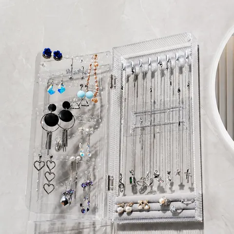 Organizador de Joyas Montado en Pared Acrílico Transparente Caja de Almacenamiento a Prueba de Polvo para Pendientes Collares Anillos Vitrina