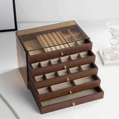 Organizador de Almacenamiento de Joyas Multifuncional Gran Capacidad Vitrina de Veta de Madera con Tapa Transparente y Cajones para Anillos Collares