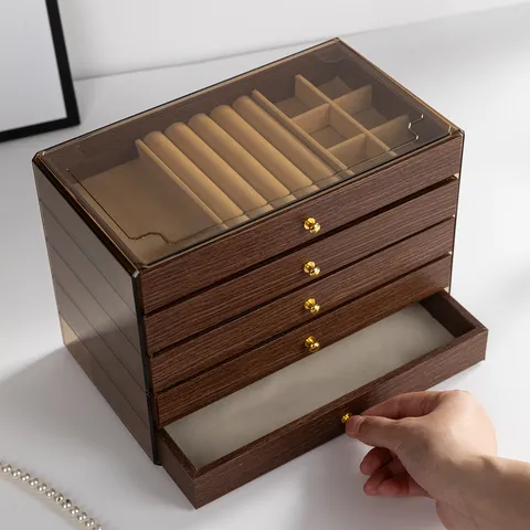 Organizador de Almacenamiento de Joyas Multifuncional Gran Capacidad Vitrina de Veta de Madera con Tapa Transparente y Cajones para Anillos Collares