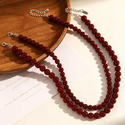 Retro Wijnrood Glas Kraal Sleutelbeen Ketting Effen Kleur Glad Imitatie Agaat Gelaagde Halsketting Mode Sieraden Voor Vrouwen