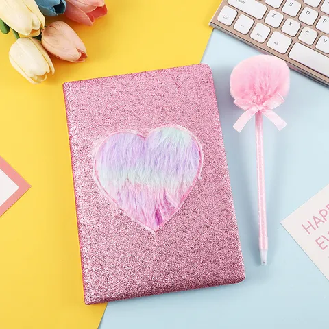Cute Student Lined Notebook Dreamy Love Heart Plush Cover Stationery Gift Box Set With Pen Daily Journal Writing Book
