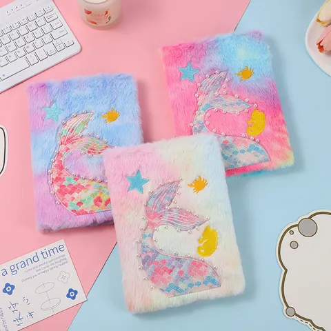 Cute Mermaid Tail Plush Notebook Kawaii Girl Diary Student Cartoon Learning Record Book Writing Journal Note Pad