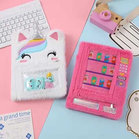 Plush Notebook Cute Unicorn Vending Machine Diary Student Handbook Fluffy Soft Cover Journal Writing Notebook Gift