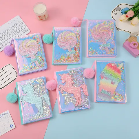 Creative A5 Notebook Kids Cartoon Cute Sequins Lined Diary With Plush Ball Pendant Student School Stationery Gift