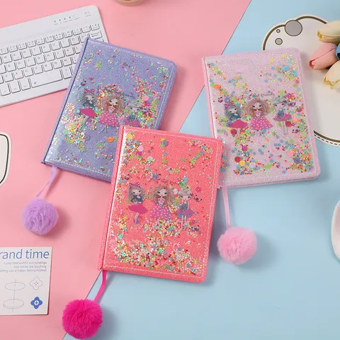 Creative A5 Notebook Kids Cartoon Cute Sequins Lined Diary With Plush Ball Pendant Student School Stationery Gift