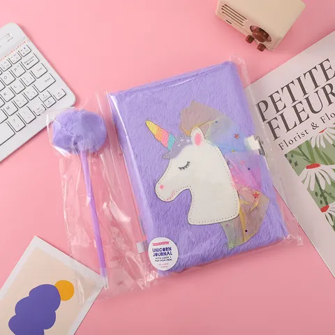 Cute Cartoon Unicorn Plush Notebook Diary Set With Lock And Soft Furry Journal For Kids Students Writing