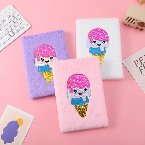 Cute Cartoon Ice Cream Plush Notebook Journal Fluffy Diary Handmade DIY Handbook Creative Student Stationery Gift