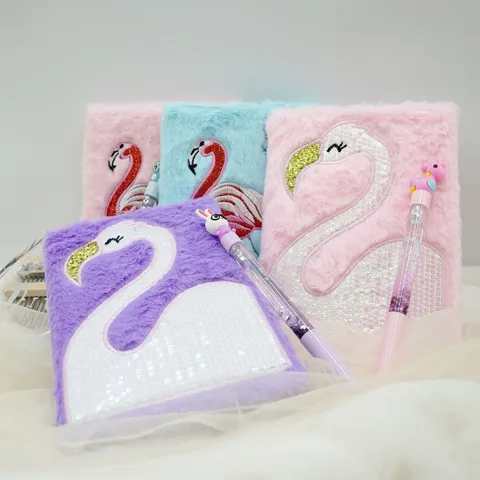 Flamingo Plush Notebook Cute Student Diy Journal Diary Fluffy Sequins Embroidered Notebook School Office Supplies