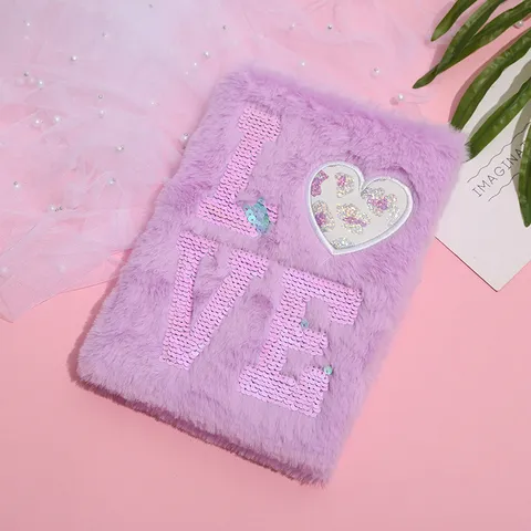 Cute Plush Notebook With Sequin Love Heart Pattern Soft Fluffy Diary Journal For Kids Students Office School Writing Book