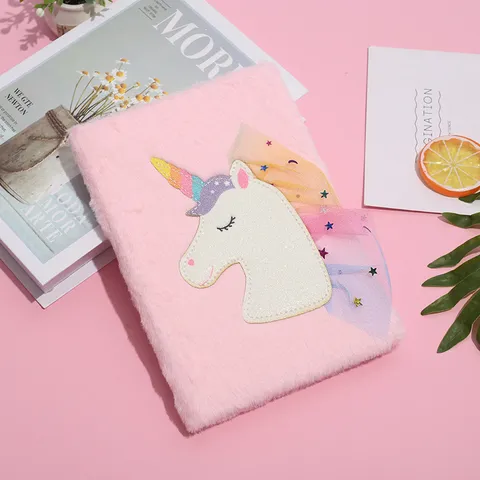 Cute Cartoon Unicorn Plush Notebook Fluffy Diary Writing Pad With Lock Soft Cover Student Planner Gift Journal