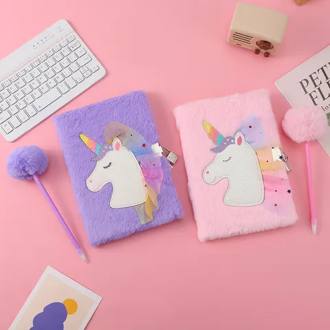 Cute Cartoon Unicorn Plush Notebook Diary Set With Lock And Soft Furry Journal For Kids Students Writing
