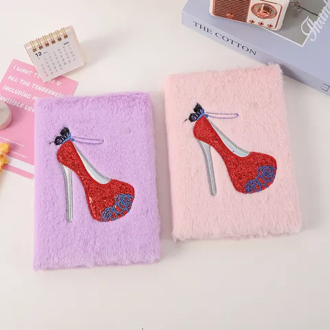 Cute Plush Notebook Diary With Sequin High Heels Embroidery Soft Fluffy Journal Writing Book For Students Office