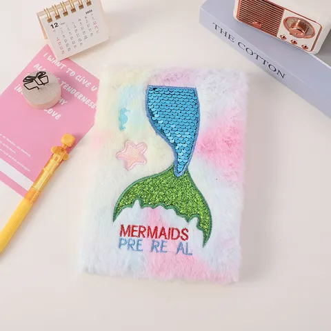 Mermaid Tail Sequin Plush Notebook Cute Gradient Rainbow Fluffy Journal Writing Diary For School Students