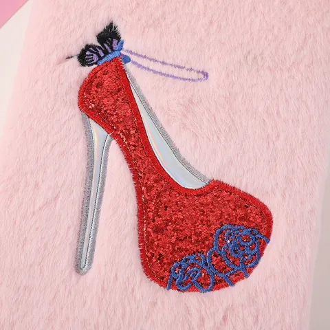 Cute Plush Notebook Diary With Sequin High Heels Embroidery Soft Fluffy Journal Writing Book For Students Office