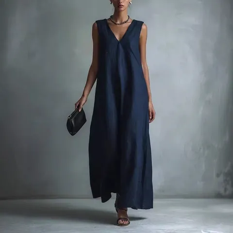 Robe Longue Décontractée pour Femme Couleur Unie Col V Sans Manches Élégante Coupe Ample Été Plage Maxi Robe Mode