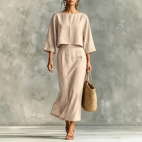 Ensemble Haut et Jupe Longue Taille Haute Ample en Polyester Uni Décontracté pour Femmes Tenue Élégante