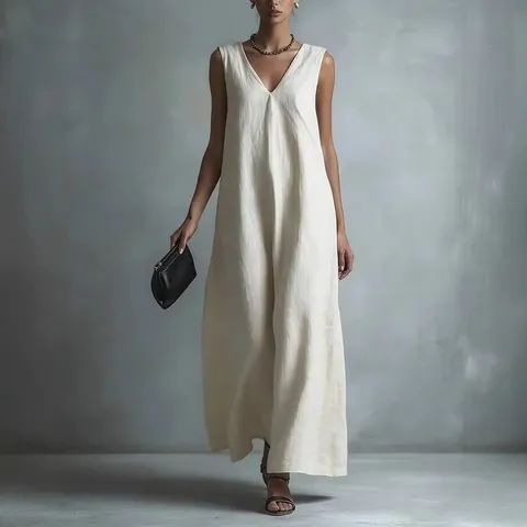 Robe Longue Décontractée pour Femme Couleur Unie Col V Sans Manches Élégante Coupe Ample Été Plage Maxi Robe Mode