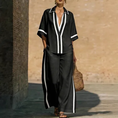 Femmes Décontracté Colorblock Chemise Manchons Courts Et Pantalon Large Ensemble Deux Pièces Été Tenue De Vacances Ample Mode