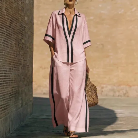 Femmes Décontracté Colorblock Chemise Manchons Courts Et Pantalon Large Ensemble Deux Pièces Été Tenue De Vacances Ample Mode