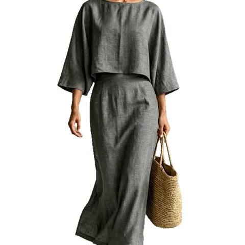Ensemble Haut et Jupe Longue Taille Haute Ample en Polyester Uni Décontracté pour Femmes Tenue Élégante