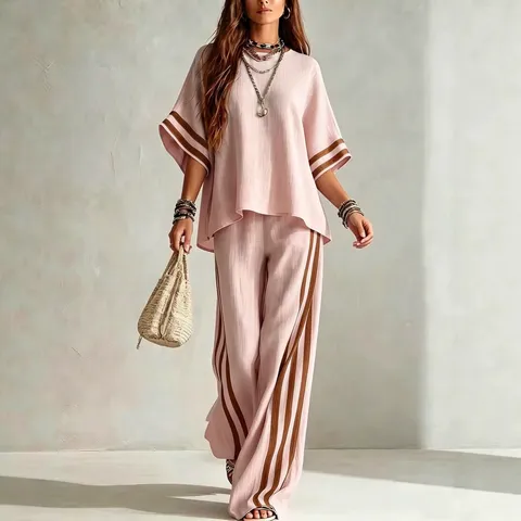 Ensemble Deux Pièces Décontracté Bloc de Couleur pour Femmes Haut à Manches Trois-Quarts Ample et Pantalon Long Tenue de Vacances