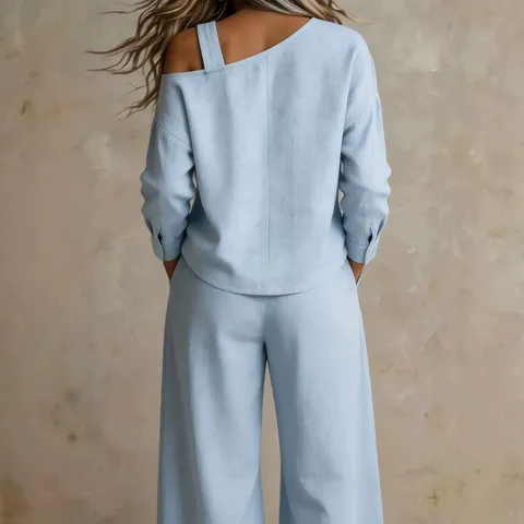 Ensemble Deux Pièces Décontracté Ample Couleur Unie Une Épaule Manches Longues Haut et Pantalon Large Élégant