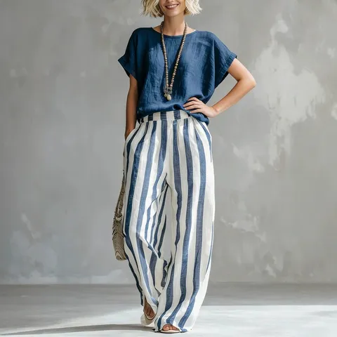 Ensemble Deux Pièces T-Shirt Décontracté à Col Rond et Manches Courtes et Pantalon Droit Rayé Taille Haute pour Femme