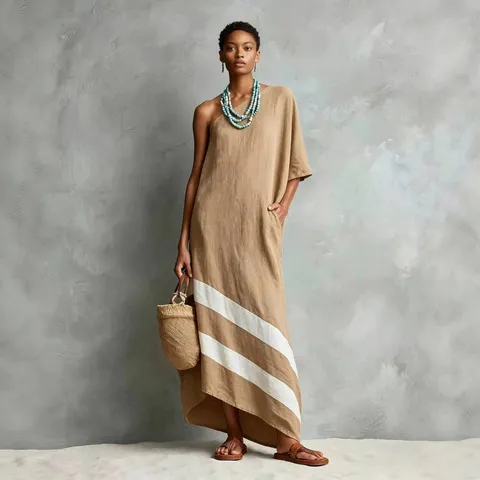 Femme Décontracté Coton Lin Robe Été Manches Courtes Une Épaule Bloc de Couleur Robe Maxi Irrégulière Ample Plage Fête Robe