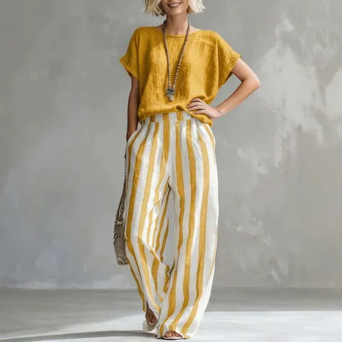 Ensemble Deux Pièces T-Shirt Décontracté à Col Rond et Manches Courtes et Pantalon Droit Rayé Taille Haute pour Femme