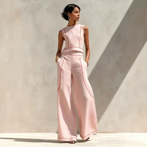 Ensemble Gilet Sans Manches Et Pantalon Large Décontracté pour Femmes Couleur Unie Coutures Contrastées Tenue Deux Pièces