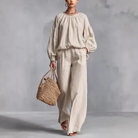 Conjunto de Dos Piezas de Algodón Lino Casual para Mujer Top de Manga Larga Farol Cuello Redondo y Pantalones Anchos Color Sólido