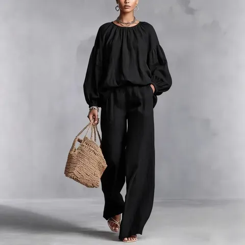 Conjunto de Dos Piezas de Algodón Lino Casual para Mujer Top de Manga Larga Farol Cuello Redondo y Pantalones Anchos Color Sólido