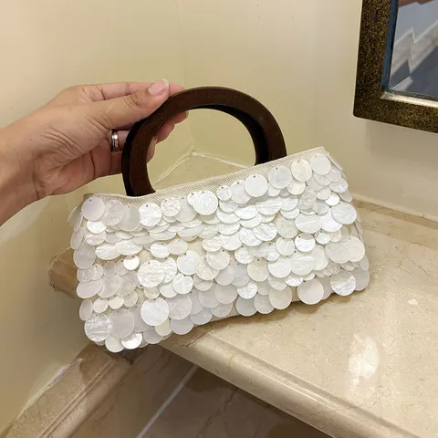 Borsa a Conchiglia con Paillettes Tessuta a Mano Rétro Francese Borsa a Mano con Anello in Acrilico Elegante Donna Casual Secchiello Tracolla