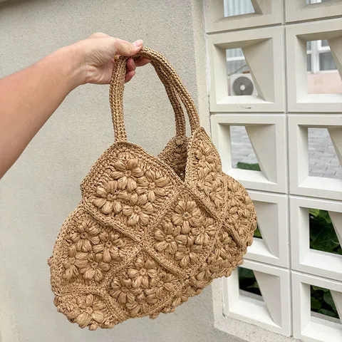 Handgehäkelte Blumen Gewebte Tragetasche Sanftes Khaki Landhausstil Sommer Urlaub Lässige Handtasche Für Damen